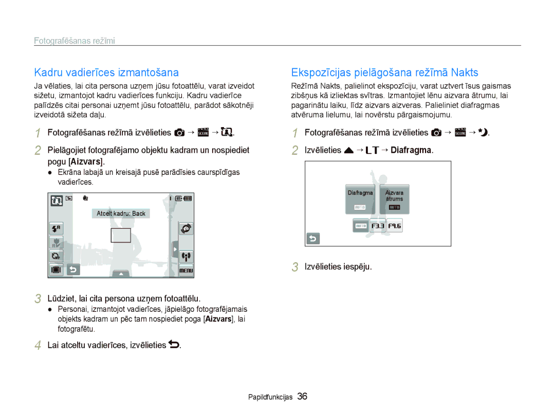 Samsung EC-ST5500BPBRU, EC-ST5500BPOE1, EC-ST5500BPARU Kadru vadierīces izmantošana, Ekspozīcijas pielāgošana režīmā Nakts 