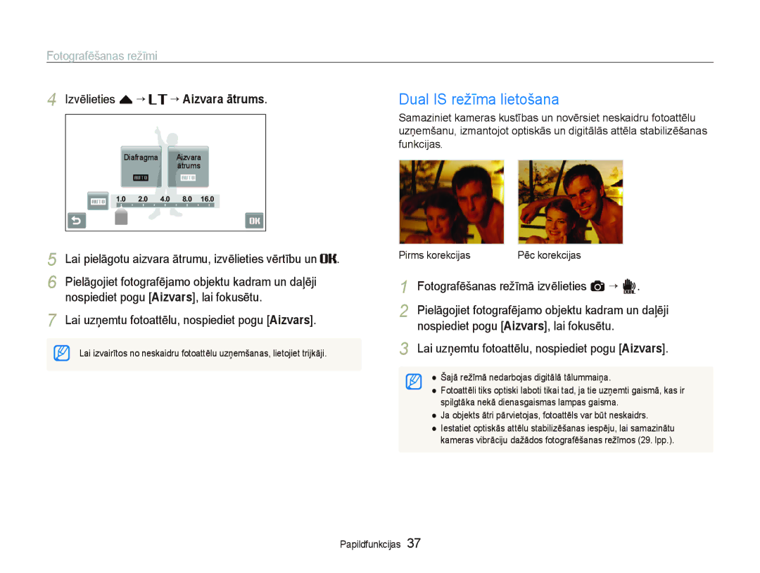 Samsung EC-ST5500BPARU Dual is režīma lietošana, Izvēlieties f “, ““Aizvara ātrums, Nospiediet pogu Aizvars, lai fokusētu 