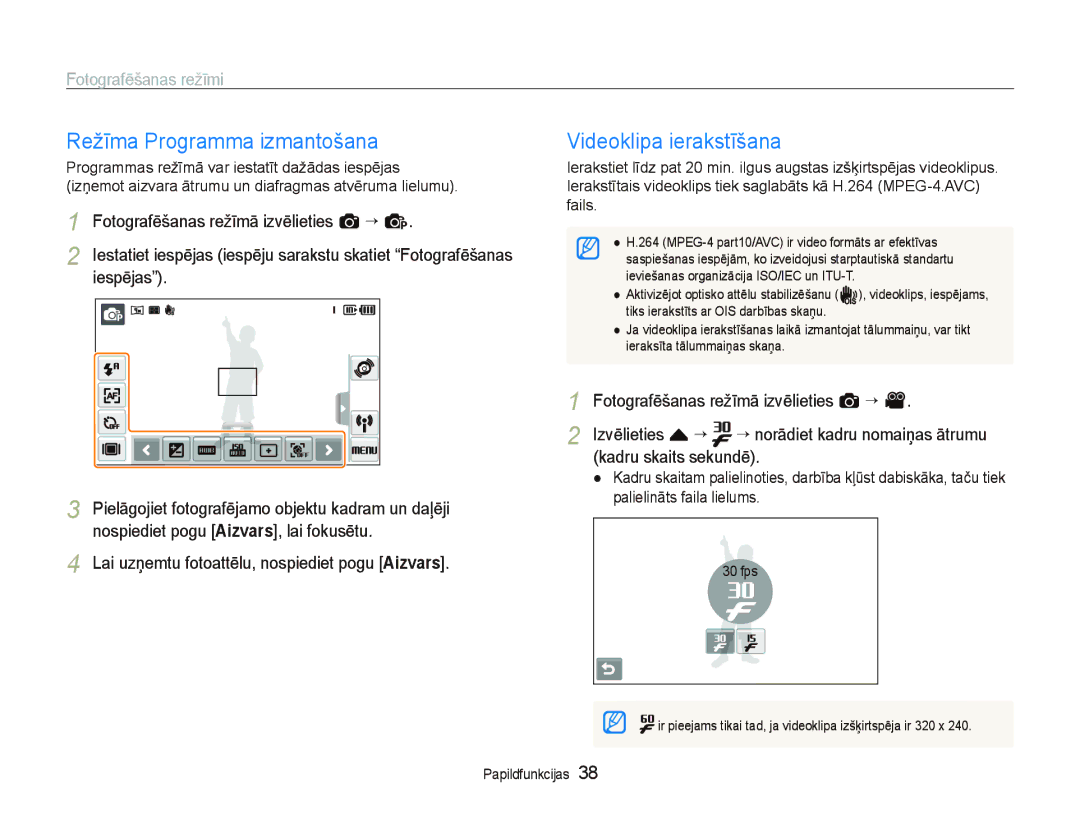 Samsung EC-ST5500BPAE1, EC-ST5500BPOE1, EC-ST5500BPBRU, EC-ST5500BPARU Režīma Programma izmantošana, Videoklipa ierakstīšana 