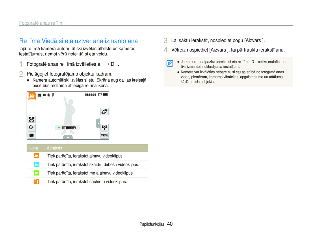 Samsung EC-ST5500BPBRU manual Režīma Viedā sižeta uztveršana izmantošana, Lai sāktu ierakstīt, nospiediet pogu Aizvars 