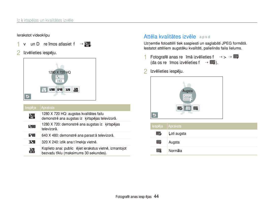 Samsung EC-ST5500BPBRU manual Attēla kvalitātes izvēle a p s d, Izšķirtspējas un kvalitātes izvēle, Ierakstot videoklipu 