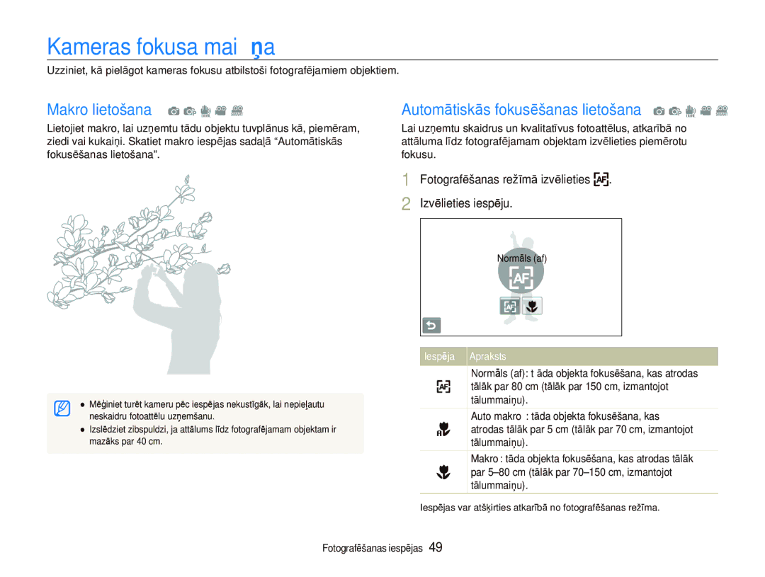 Samsung EC-ST5500BPARU, EC-ST5500BPOE1, EC-ST5500BPBRU, EC-ST5500BPAE1 manual Kameras fokusa maiņa 