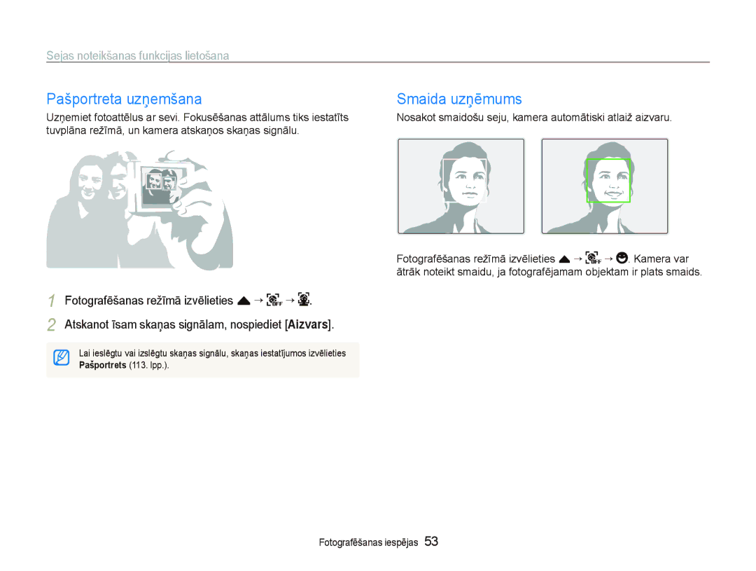 Samsung EC-ST5500BPARU, EC-ST5500BPOE1 manual Pašportreta uzņemšana, Smaida uzņēmums, Sejas noteikšanas funkcijas lietošana 