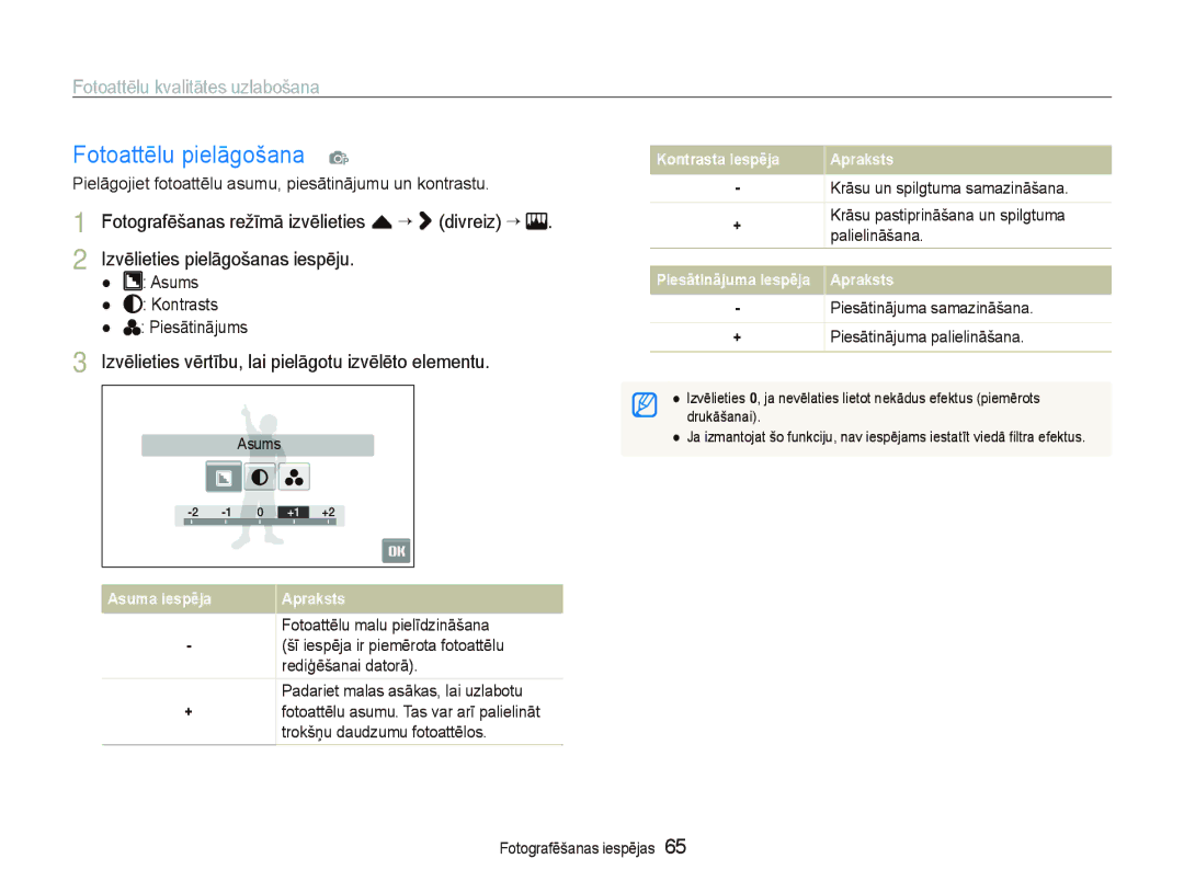 Samsung EC-ST5500BPARU, EC-ST5500BPOE1 manual Fotoattēlu pielāgošana p, Izvēlieties vērtību, lai pielāgotu izvēlēto elementu 