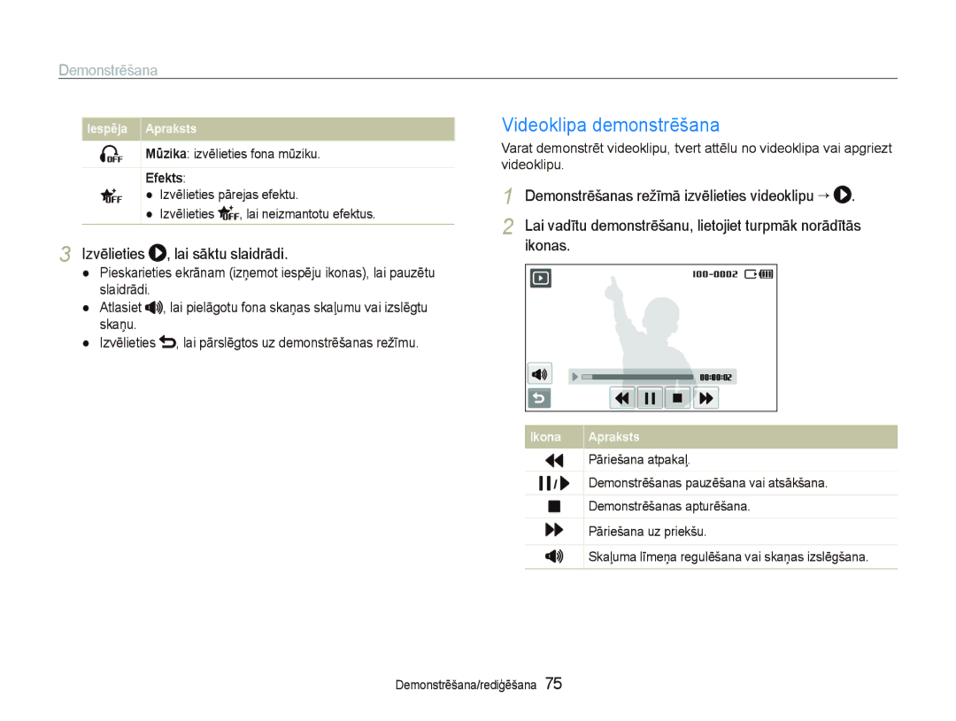 Samsung EC-ST5500BPOE1 manual Videoklipa demonstrēšana, Izvēlieties , lai sāktu slaidrādi, Efekts, Pāriešana atpakaļ 