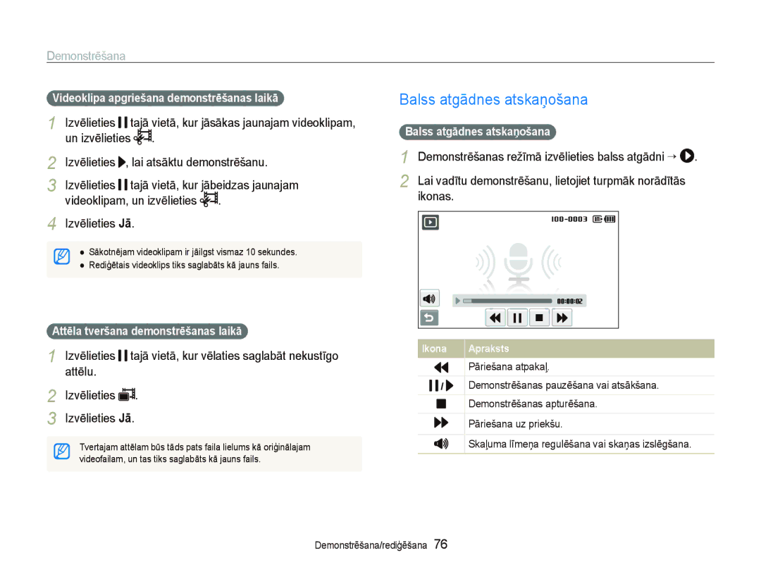 Samsung EC-ST5500BPBRU manual Balss atgādnes atskaņošana, Izvēlieties Jā, Videoklipa apgriešana demonstrēšanas laikā 