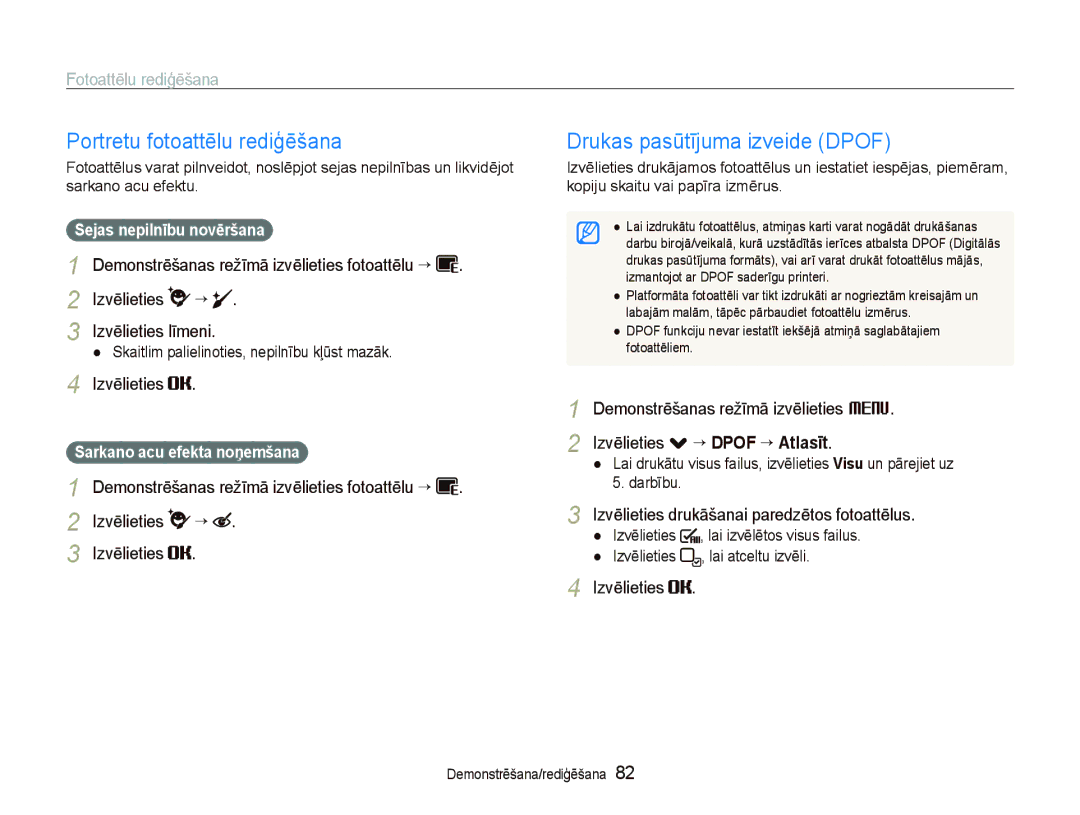 Samsung EC-ST5500BPAE1 manual Portretu fotoattēlu rediģēšana, Drukas pasūtījuma izveide Dpof, Sejas nepilnību novēršana 