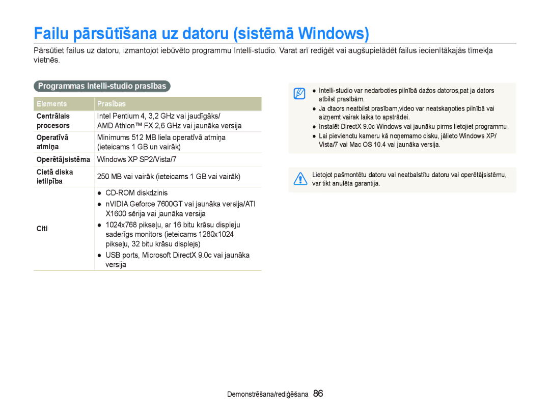 Samsung EC-ST5500BPAE1, EC-ST5500BPOE1 Failu pārsūtīšana uz datoru sistēmā Windows, Programmas Intelli-studio prasības 