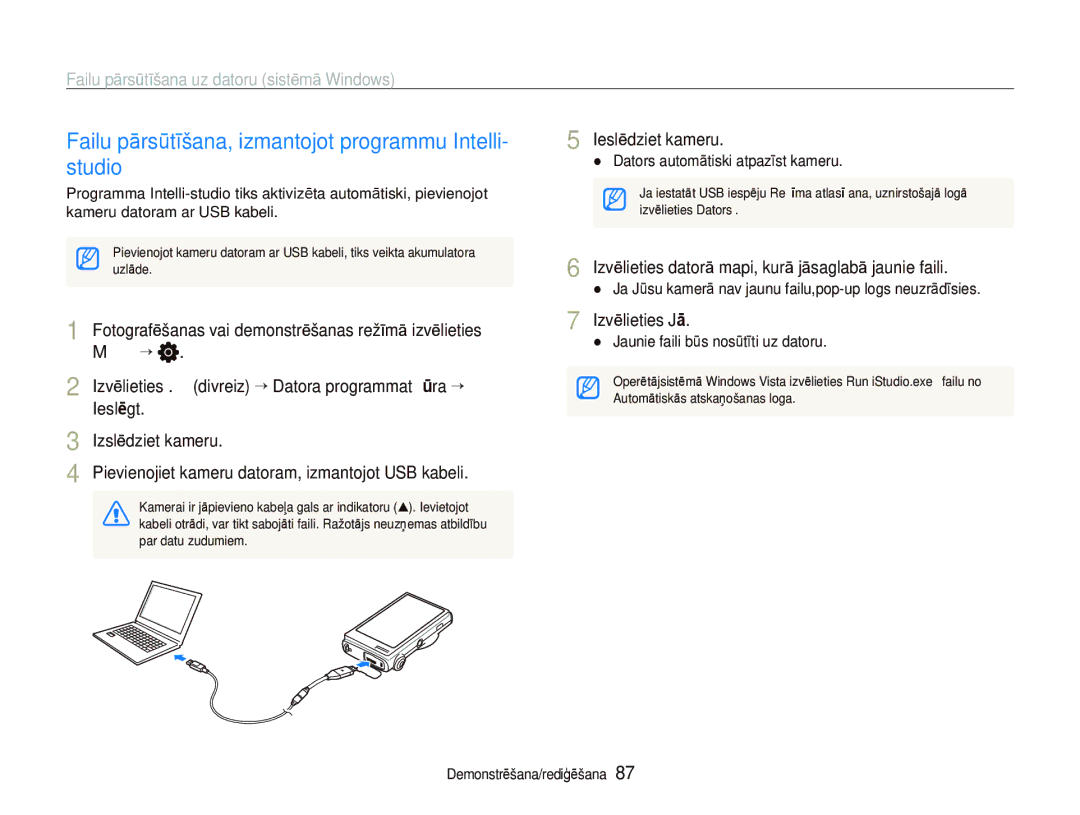 Samsung EC-ST5500BPOE1, EC-ST5500BPBRU, EC-ST5500BPARU Failu pārsūtīšana, izmantojot programmu Intelli- studio, Ieslēgt 