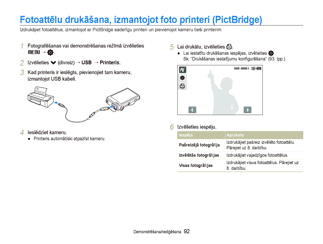 Samsung EC-ST5500BPBRU Fotoattēlu drukāšana, izmantojot foto printeri PictBridge, Izvēlieties . divreiz ““USB ““Printeris 