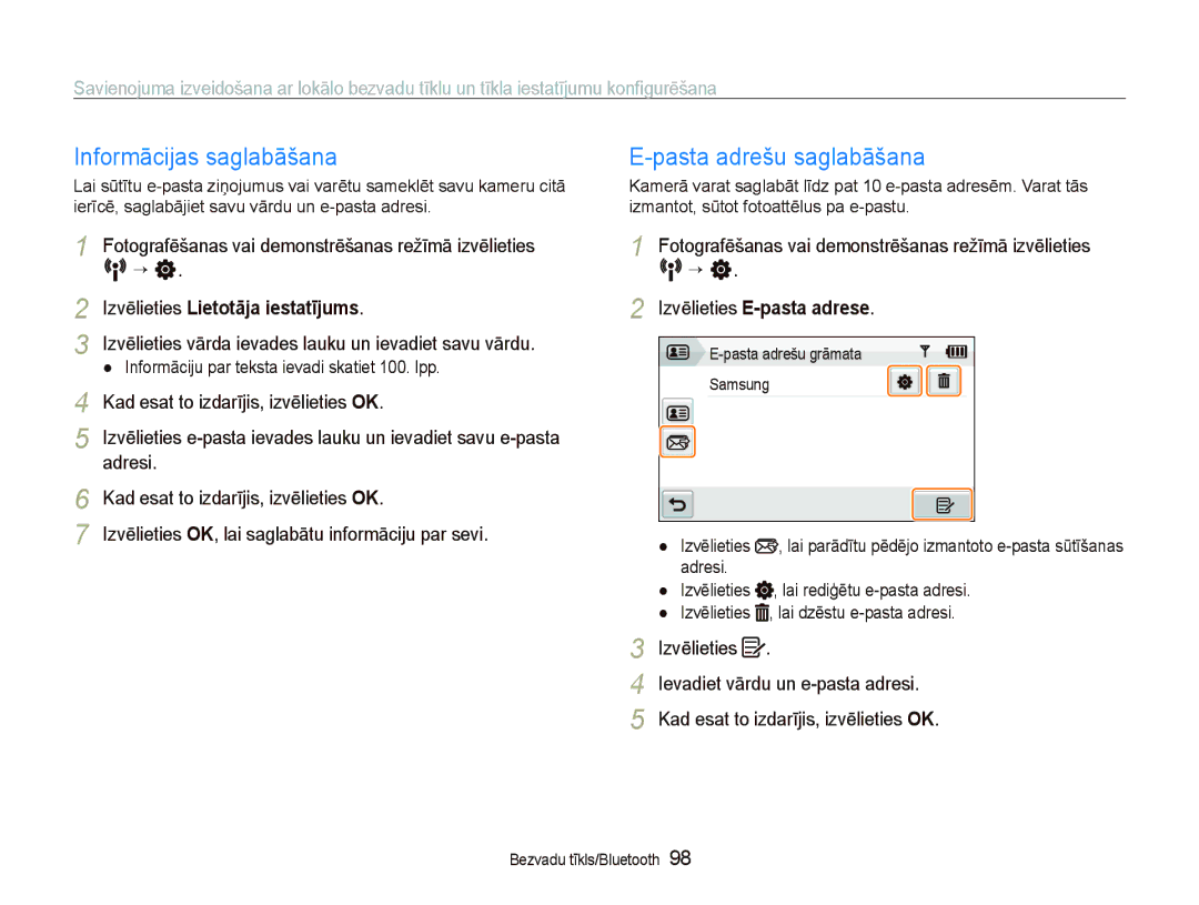 Samsung EC-ST5500BPAE1 manual Informācijas saglabāšana, Pasta adrešu saglabāšana, Izvēlieties Lietotāja iestatījums 