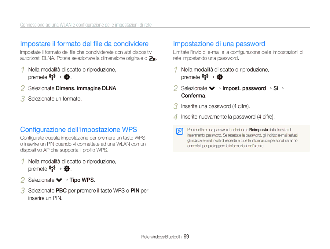 Samsung EC-ST5500BPBIT, EC-ST5500BPOIT Impostare il formato del ﬁle da condividere, Conﬁgurazione dellimpostazione WPS 