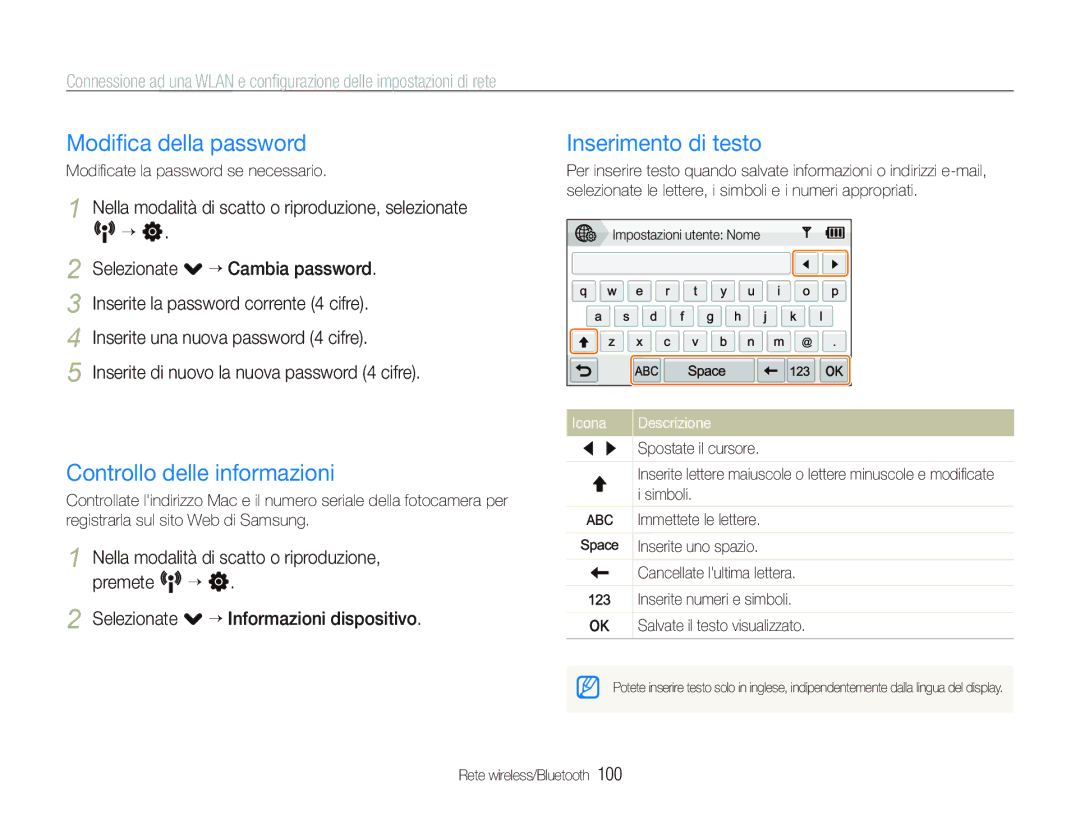 Samsung EC-ST5500BPAIT, EC-ST5500BPOIT manual Modiﬁca della password, Controllo delle informazioni, Inserimento di testo 