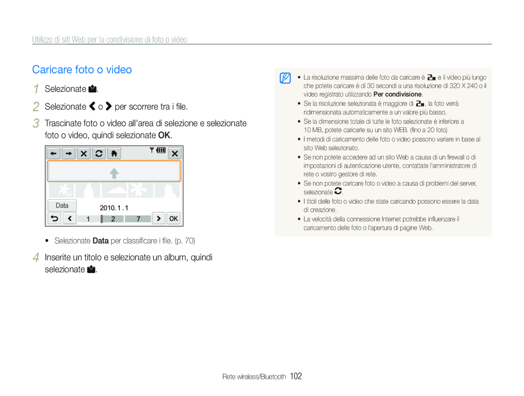 Samsung EC-ST5500BPBIT, EC-ST5500BPOIT, EC-ST5500BPAIT manual Utilizzo di siti Web per la condivisione di foto o video 