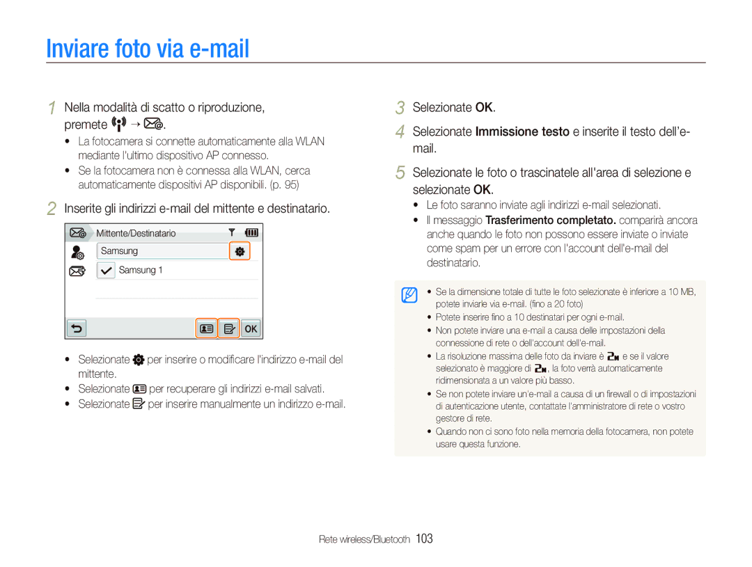 Samsung EC-ST5500BPAIT, EC-ST5500BPOIT Inviare foto via e-mail, Inserite gli indirizzi e-mail del mittente e destinatario 