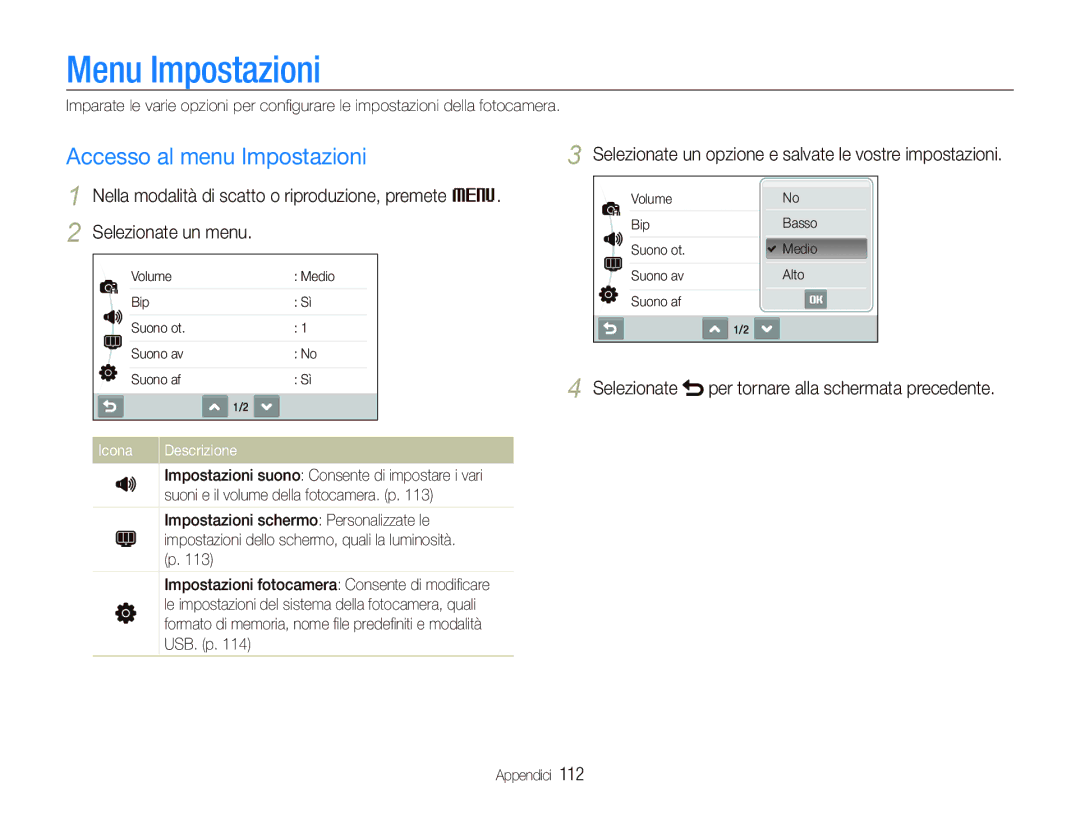 Samsung EC-ST5500BPAIT Menu Impostazioni, Accesso al menu Impostazioni, Per tornare alla schermata precedente, Appendici 