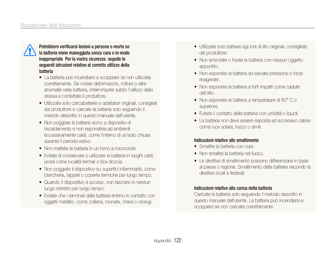 Samsung EC-ST5500BPOIT, EC-ST5500BPBIT, EC-ST5500BPAIT manual  Non smaltite la batteria nel fuoco 