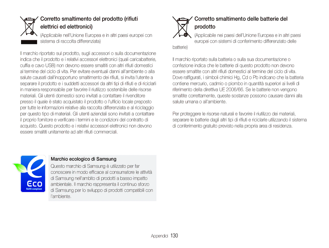 Samsung EC-ST5500BPAIT manual Corretto smaltimento delle batterie del prodotto, Marchio ecologico di Samsung, Batterie 