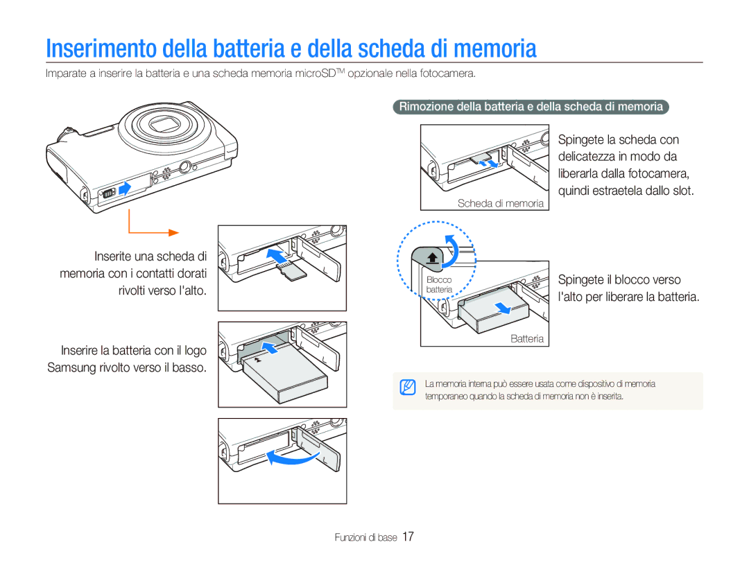 Samsung EC-ST5500BPOIT manual Inserimento della batteria e della scheda di memoria, Spingete il blocco verso, Batteria 