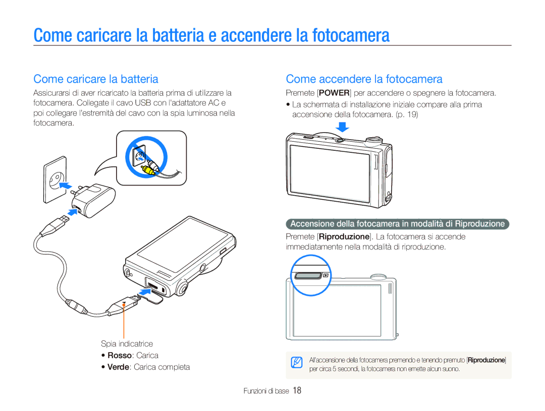 Samsung EC-ST5500BPBIT, EC-ST5500BPOIT Come caricare la batteria e accendere la fotocamera, Come accendere la fotocamera 