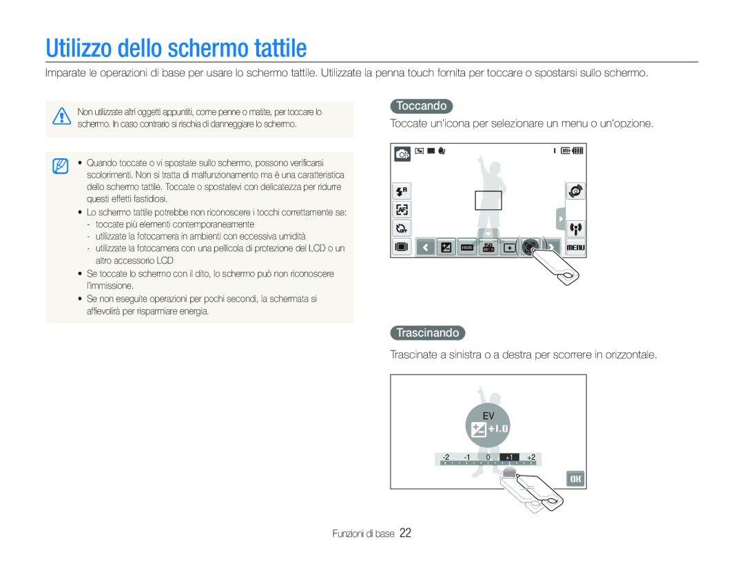 Samsung EC-ST5500BPAIT, EC-ST5500BPOIT, EC-ST5500BPBIT manual Utilizzo dello schermo tattile, Toccando, Trascinando 