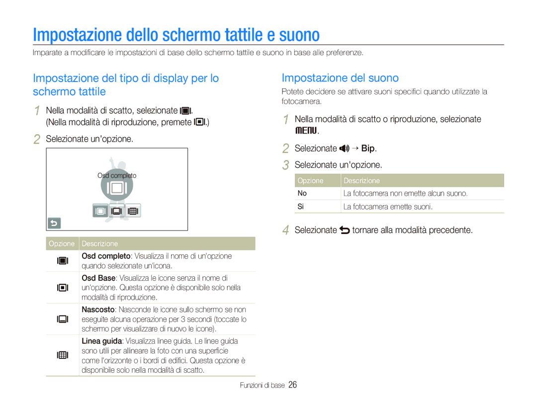 Samsung EC-ST5500BPOIT Impostazione dello schermo tattile e suono, Impostazione del tipo di display per lo schermo tattile 