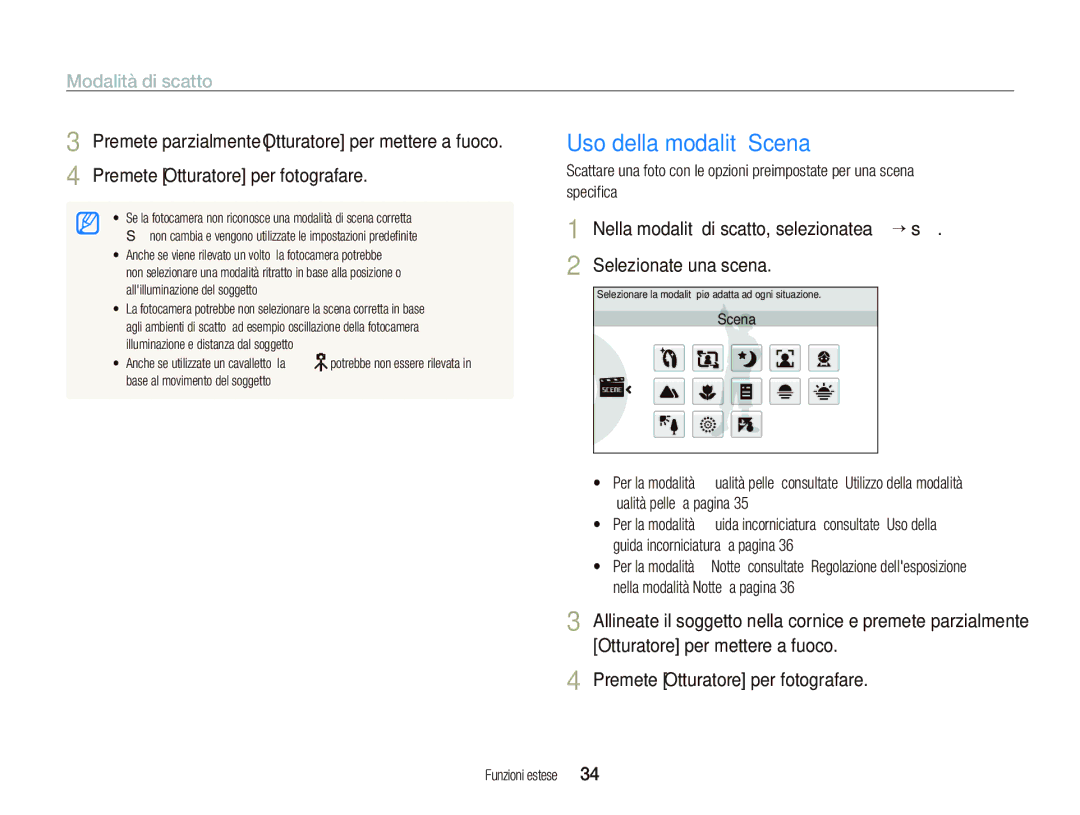 Samsung EC-ST5500BPAIT, EC-ST5500BPOIT, EC-ST5500BPBIT manual Uso della modalità Scena, Modalità di scatto 