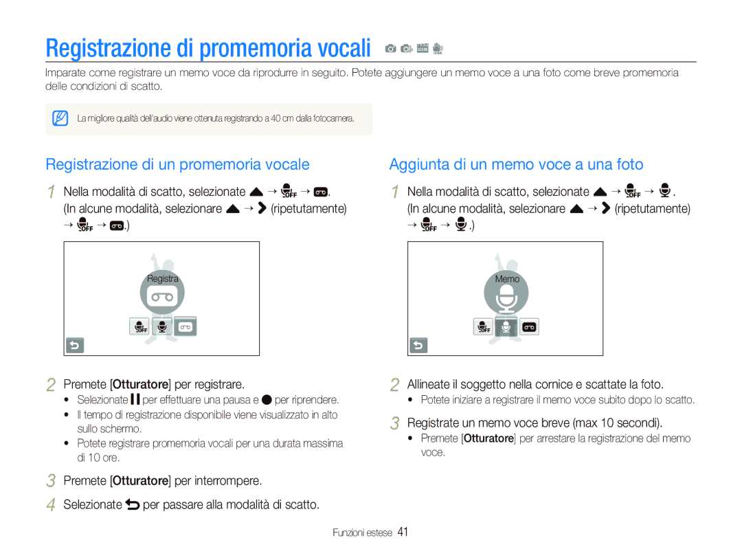 Samsung EC-ST5500BPOIT, EC-ST5500BPBIT Registrazione di promemoria vocali a p s d, Registrazione di un promemoria vocale 