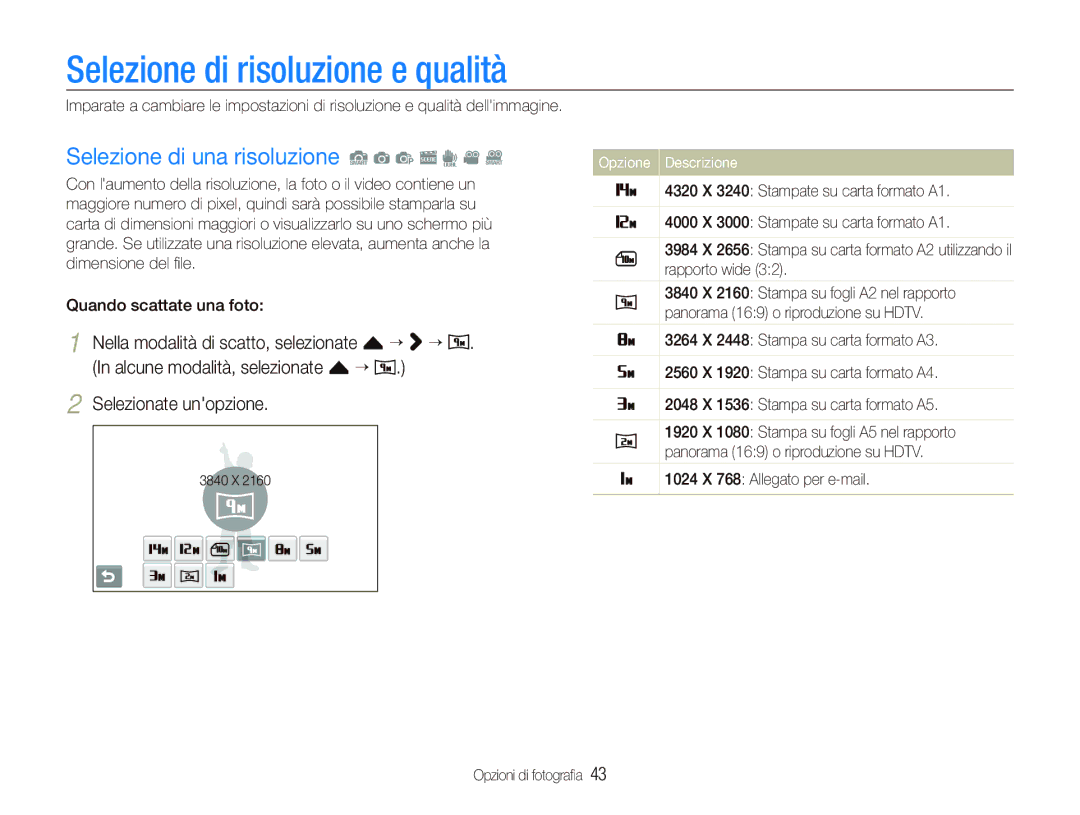 Samsung EC-ST5500BPAIT, EC-ST5500BPOIT manual Selezione di risoluzione e qualità, Selezione di una risoluzione S a p s d v D 