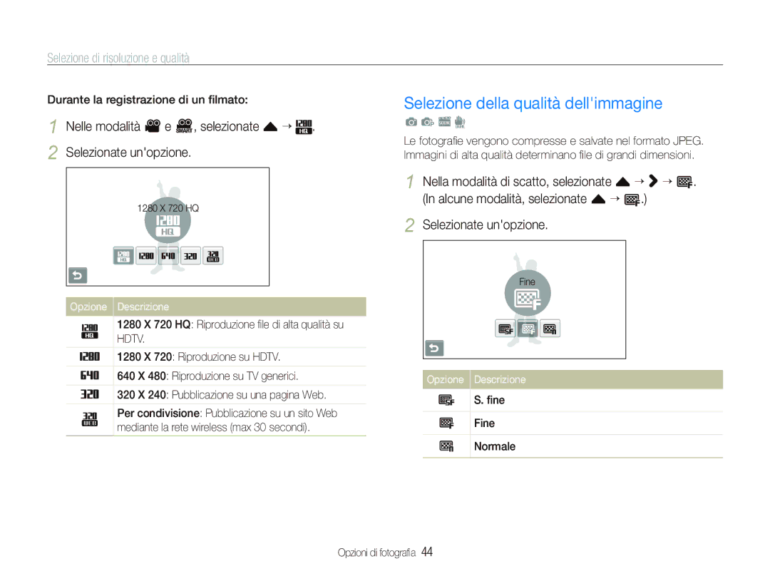 Samsung EC-ST5500BPOIT, EC-ST5500BPBIT manual Selezione della qualità dellimmagine, Selezione di risoluzione e qualità 