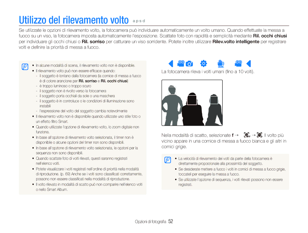 Samsung EC-ST5500BPAIT, EC-ST5500BPOIT, EC-ST5500BPBIT manual Utilizzo del rilevamento volto a p s d, Rilevamento dei volti 