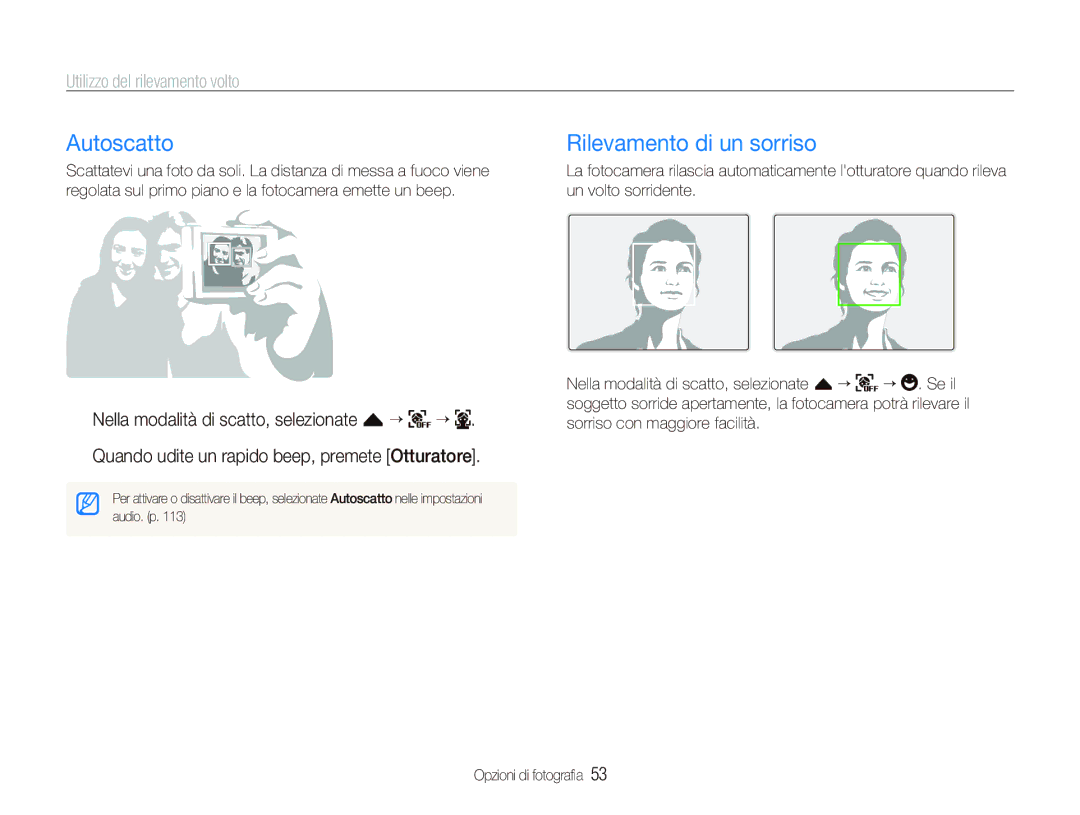 Samsung EC-ST5500BPOIT, EC-ST5500BPBIT manual Autoscatto, Rilevamento di un sorriso, Utilizzo del rilevamento volto 