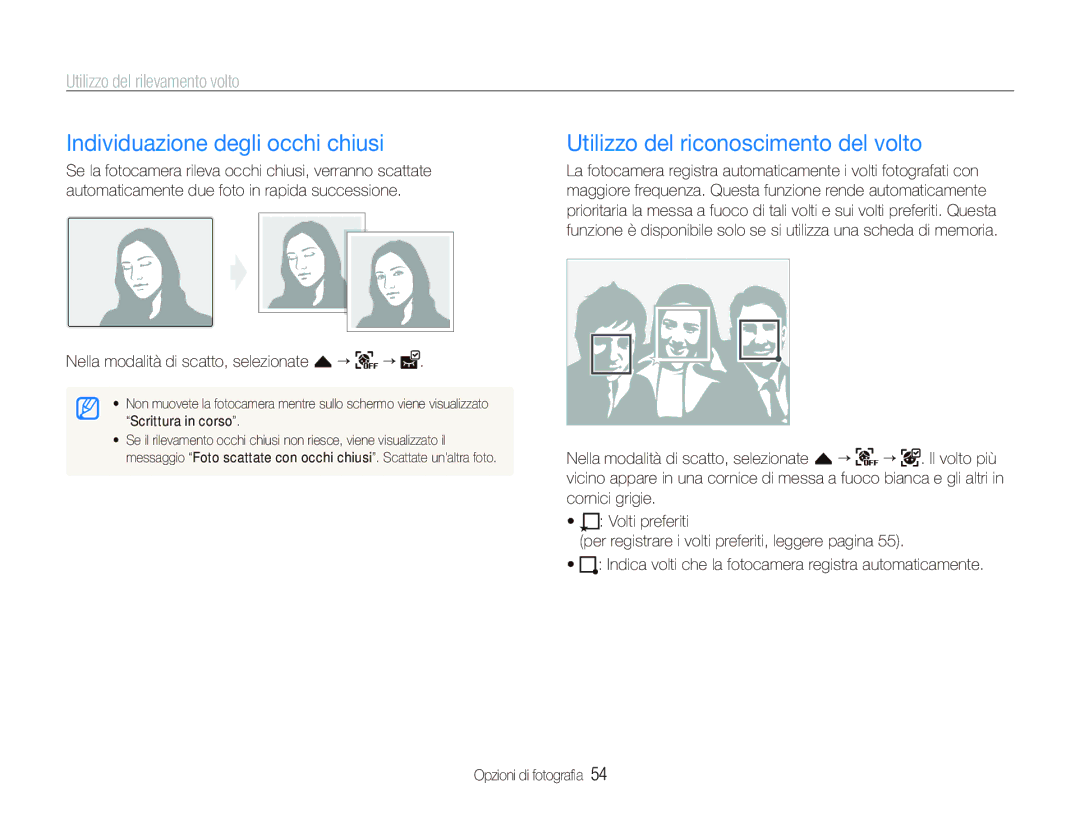 Samsung EC-ST5500BPBIT, EC-ST5500BPOIT manual Individuazione degli occhi chiusi, Utilizzo del riconoscimento del volto 