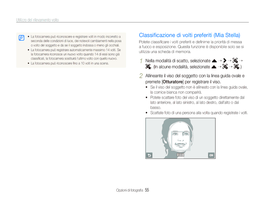 Samsung EC-ST5500BPAIT, EC-ST5500BPOIT, EC-ST5500BPBIT manual Classiﬁcazione di volti preferiti Mia Stella 