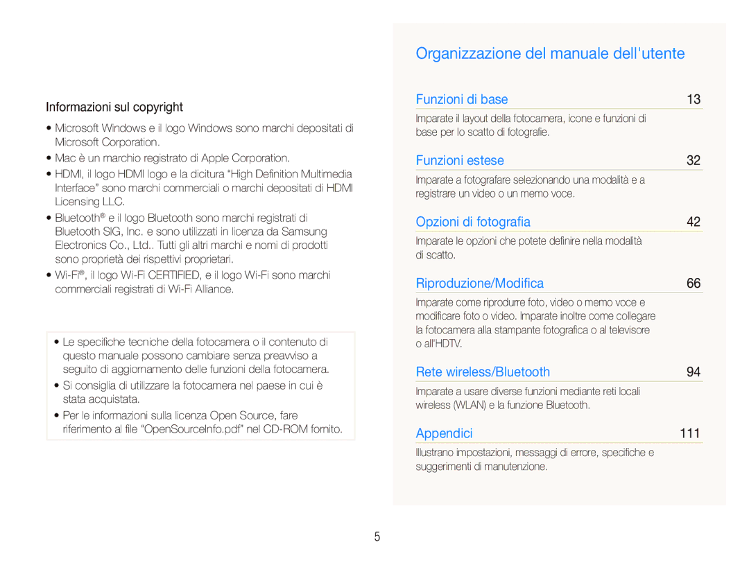 Samsung EC-ST5500BPOIT, EC-ST5500BPBIT Organizzazione del manuale dellutente, Informazioni sul copyright, 111 