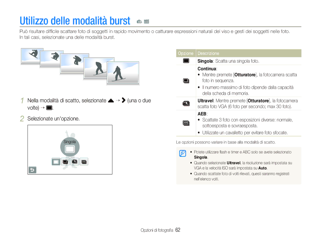 Samsung EC-ST5500BPOIT, EC-ST5500BPBIT, EC-ST5500BPAIT manual Utilizzo delle modalità burst p s 