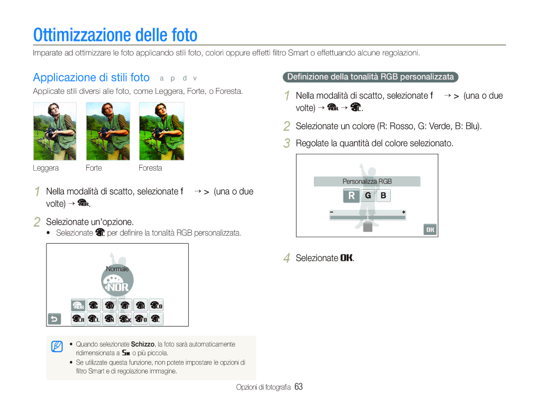 Samsung EC-ST5500BPBIT, EC-ST5500BPOIT, EC-ST5500BPAIT manual Ottimizzazione delle foto, Applicazione di stili foto a p d 