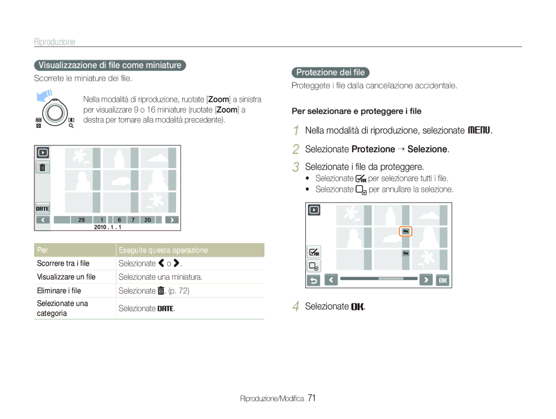 Samsung EC-ST5500BPOIT manual Visualizzazione di ﬁle come miniature, Protezione dei ﬁle, Scorrete le miniature dei ﬁle 