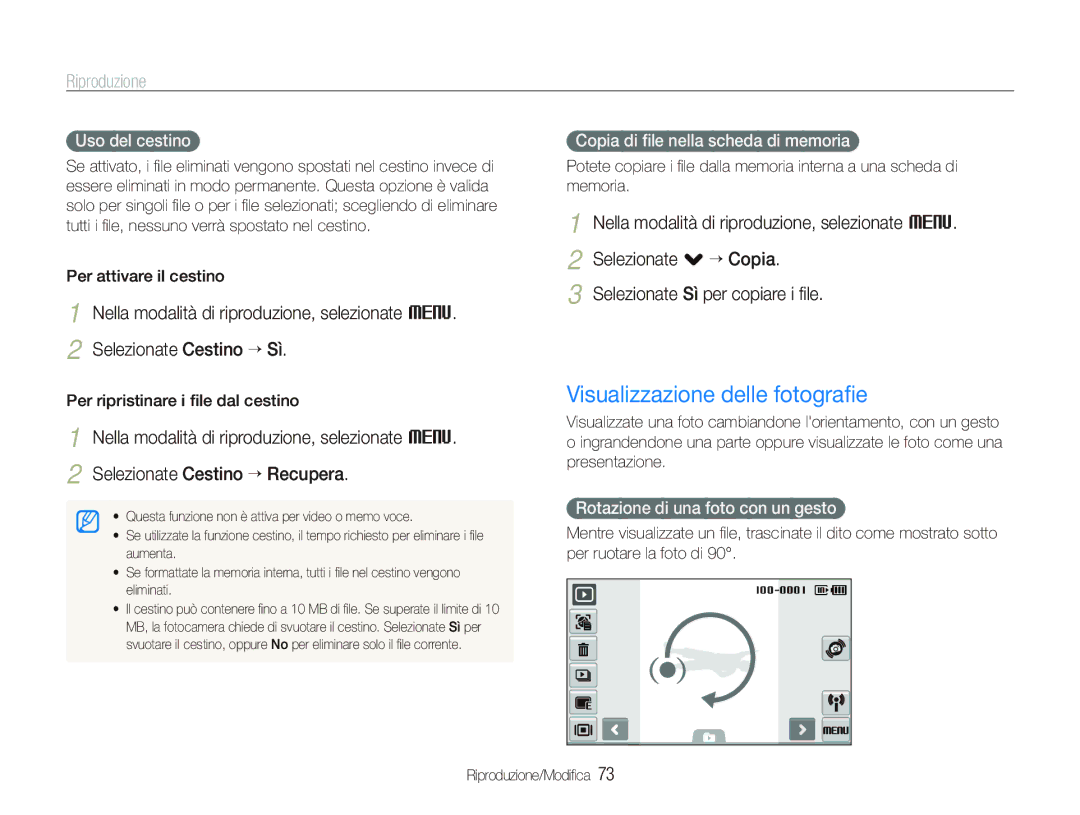 Samsung EC-ST5500BPAIT manual Visualizzazione delle fotograﬁe, Uso del cestino, Copia di ﬁle nella scheda di memoria 