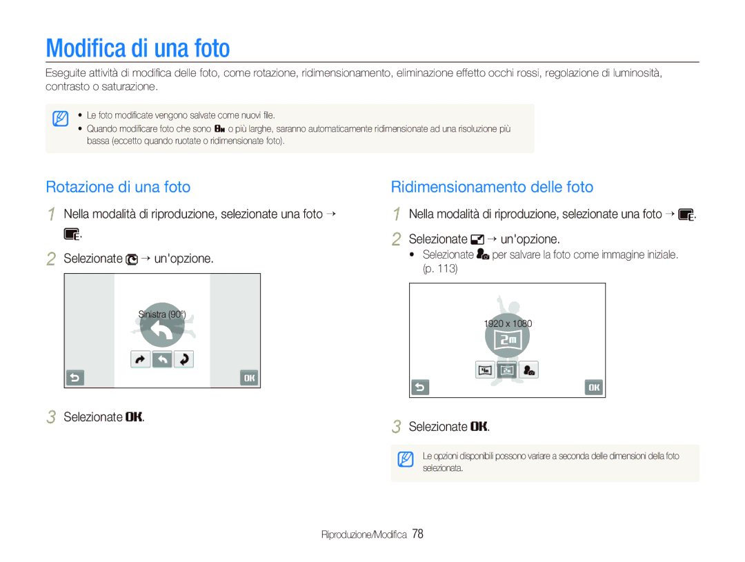 Samsung EC-ST5500BPBIT, EC-ST5500BPOIT manual Modiﬁca di una foto, Rotazione di una foto, Ridimensionamento delle foto 