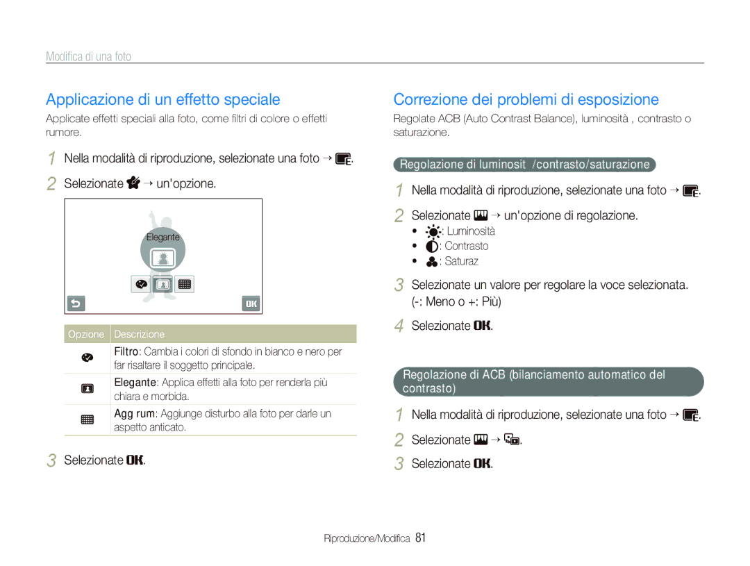 Samsung EC-ST5500BPBIT, EC-ST5500BPOIT manual Applicazione di un effetto speciale, Correzione dei problemi di esposizione 