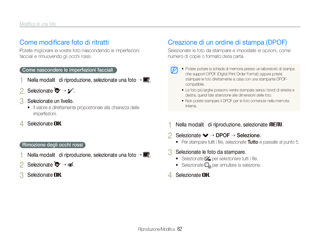 Samsung EC-ST5500BPAIT Come modiﬁcare foto di ritratti, Creazione di un ordine di stampa Dpof, Rimozione degli occhi rossi 