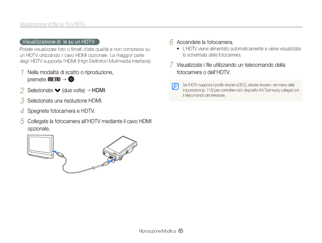 Samsung EC-ST5500BPAIT, EC-ST5500BPOIT manual Visualizzazione di ﬁle su TV o Hdtv, Visualizzazione di ﬁle su un Hdtv 