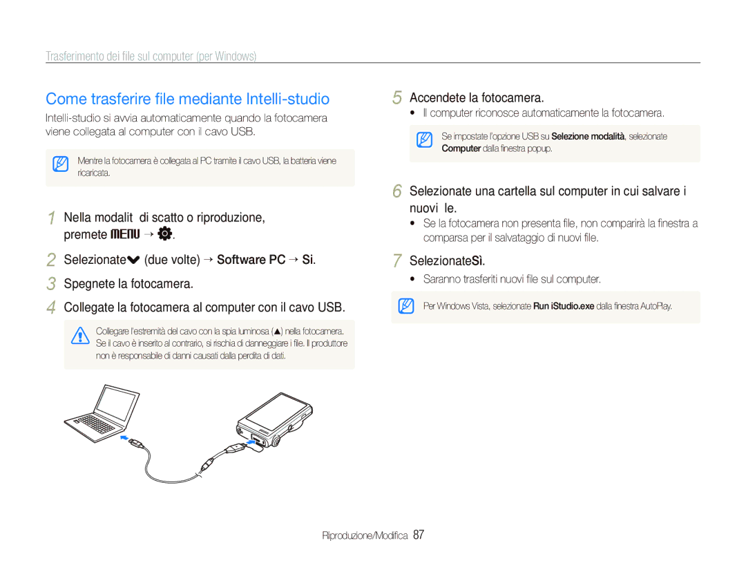 Samsung EC-ST5500BPBIT manual Come trasferire ﬁle mediante Intelli-studio, Trasferimento dei ﬁle sul computer per Windows 