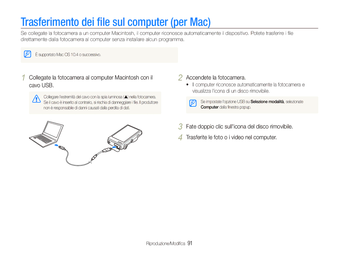 Samsung EC-ST5500BPAIT, EC-ST5500BPOIT, EC-ST5500BPBIT manual Trasferimento dei ﬁle sul computer per Mac 