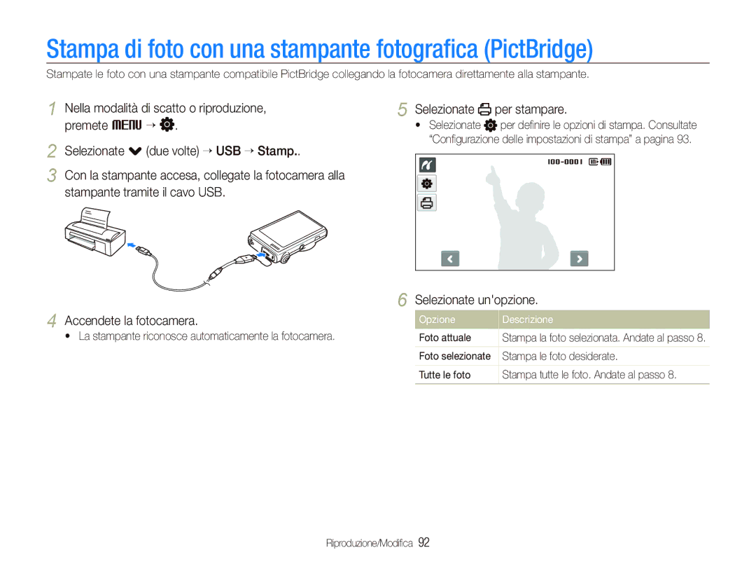 Samsung EC-ST5500BPOIT Stampa di foto con una stampante fotograﬁca PictBridge, Premete M ““, Stampante tramite il cavo USB 