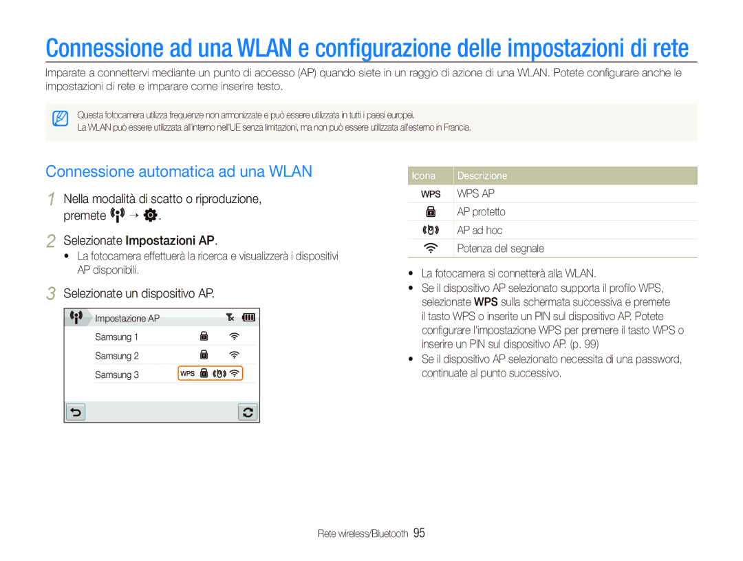 Samsung EC-ST5500BPOIT manual Connessione automatica ad una Wlan, Selezionate un dispositivo AP, Rete wireless/Bluetooth 