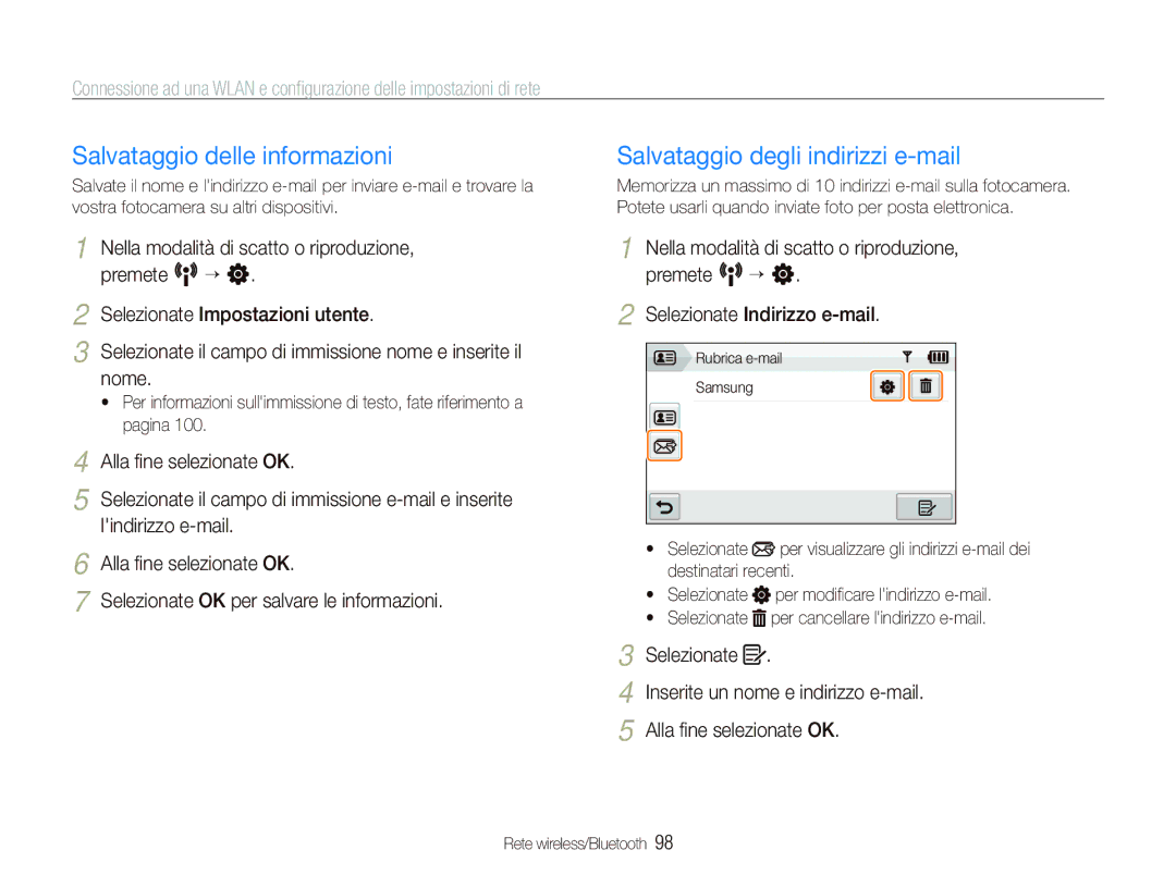 Samsung EC-ST5500BPOIT, EC-ST5500BPBIT, EC-ST5500BPAIT manual Salvataggio degli indirizzi e-mail 