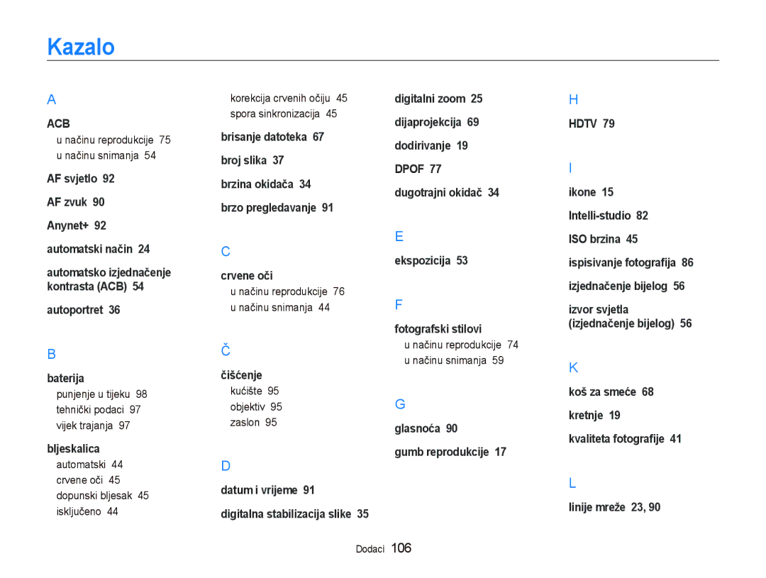 Samsung EC-ST550ZBPGE3 manual Kazalo, Punjenje u tijeku 98 tehnički podaci 97 vijek trajanja, Kućište 95 objektiv 95 zaslon 