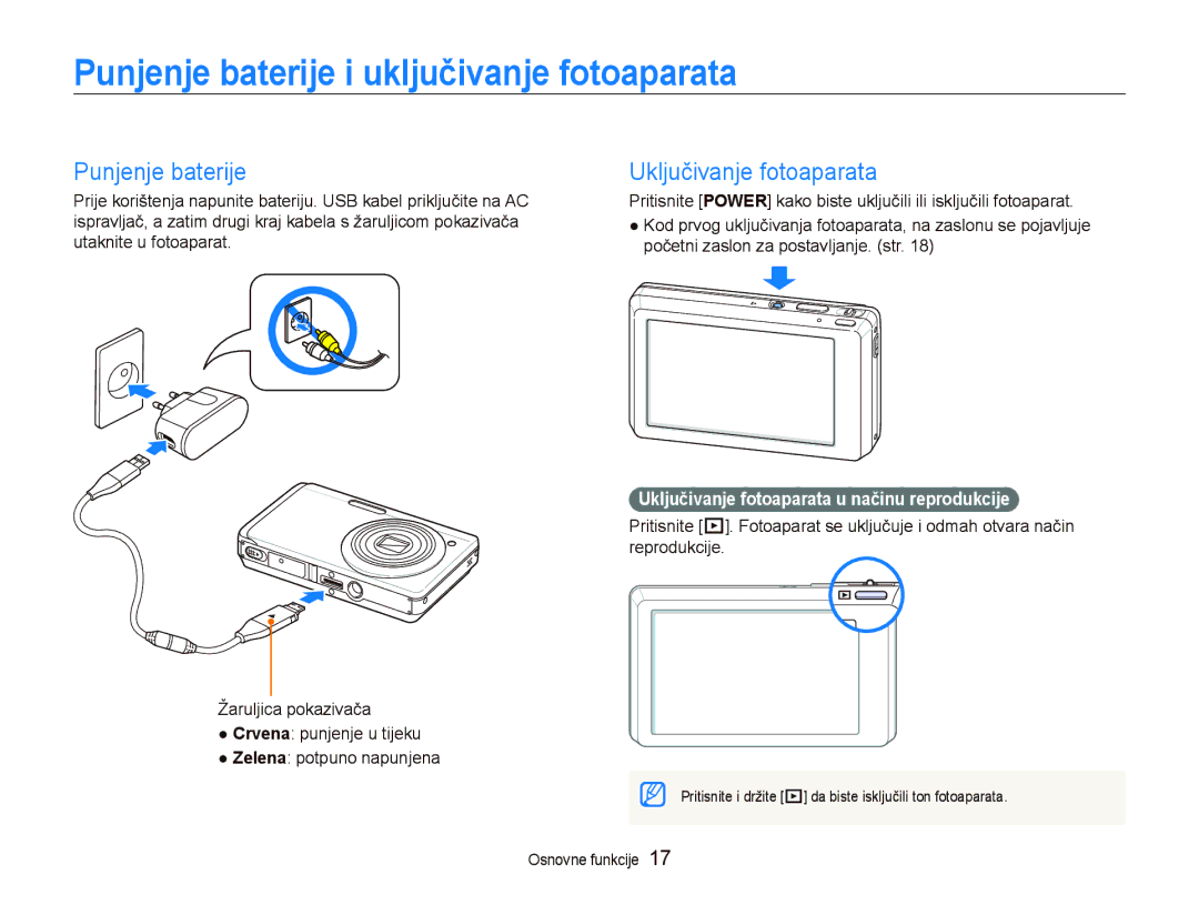 Samsung EC-ST550ZBPLE3, EC-ST550ZBPBE3 manual Punjenje baterije i uključivanje fotoaparata, Uključivanje fotoaparata 